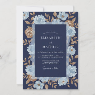 Convite Casamento Romance Floral Dourado Azul Naval