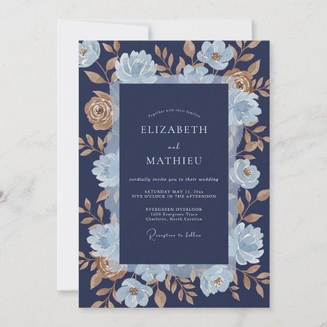 Convite Casamento Romance Floral Dourado Azul Naval (Frente)