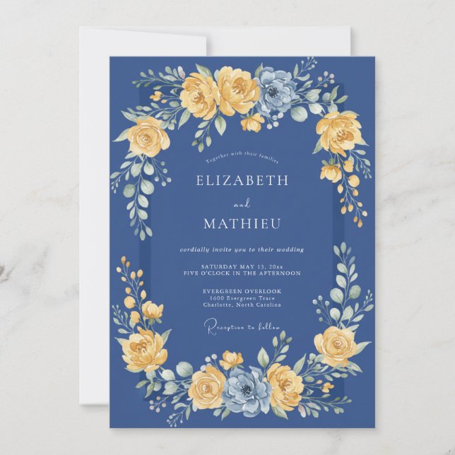 Convite Casamento Romance Floral Dourado Marinho (Frente)