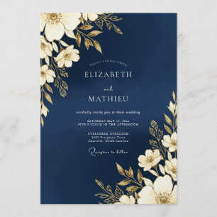 Convite Casamento Romance Floral Dourado Marinho