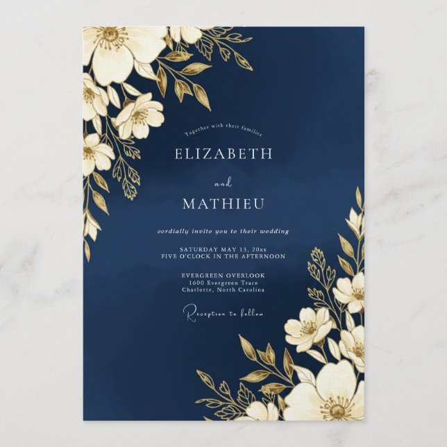 Convite Casamento Romance Floral Dourado Marinho (Frente)