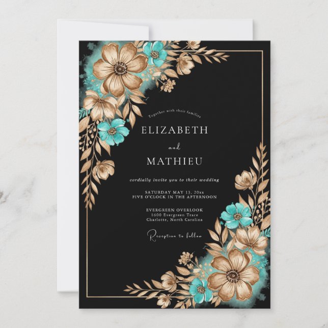 Convite Casamento Romance Floral Dourado Turquesa (Frente)