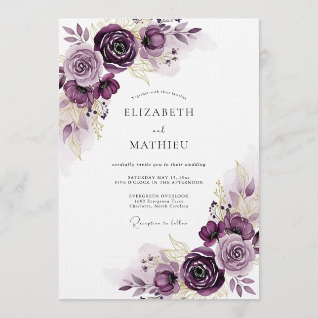 Convite Casamento Romance Floral Etéreo Ameixa (Frente)
