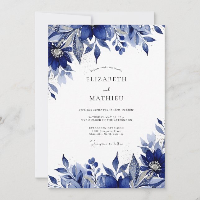 Convite Casamento Romance Floral Índigo (Frente)