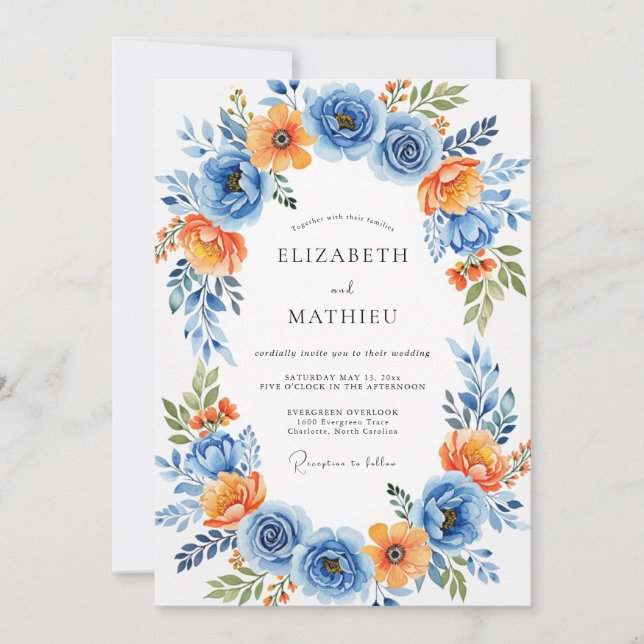 Convite Casamento Romance Floral Laranja Azul (Frente)