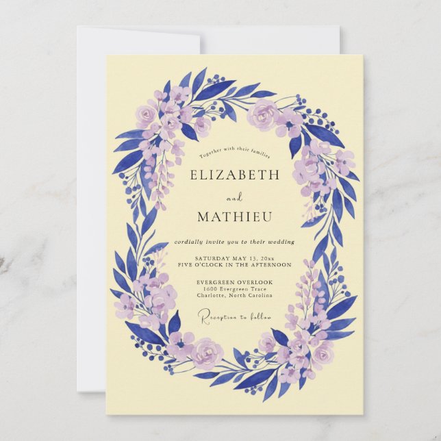 Convite Casamento Romance Floral Lavanda Azul (Frente)