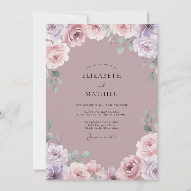 Convite Casamento Romance Floral Lavanda Empoeirada (Frente)