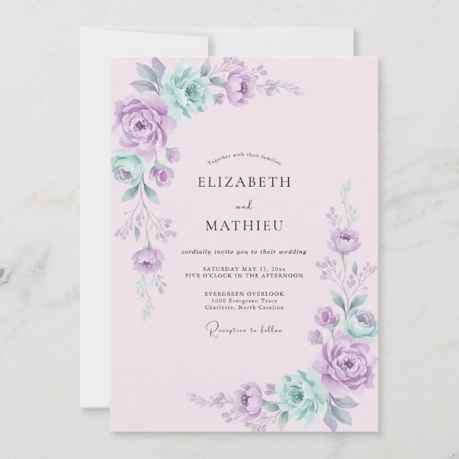 Convite Casamento Romance Floral Lavanda Menta (Frente)