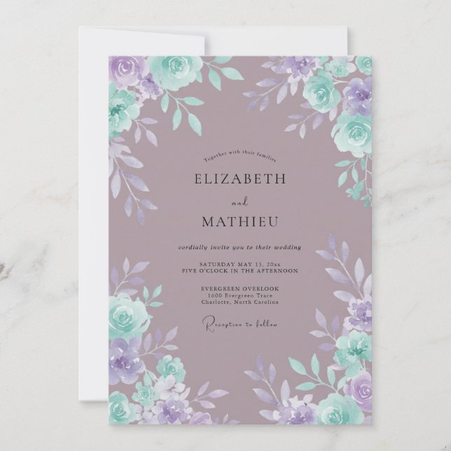 Convite Casamento Romance Floral Lilás Turquesa (Frente)