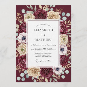 Convite Casamento Romance Floral Luxuriante Borgonha