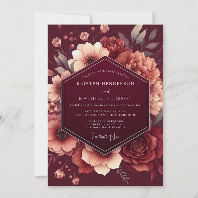 Convite Casamento Romance Floral Luxuriante Borgonha (Frente)