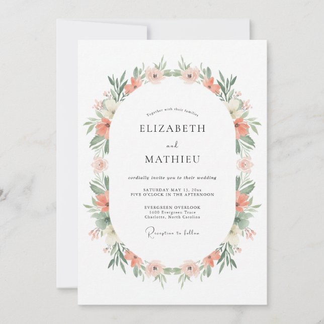 Convite Casamento Romance Floral Macio Coral (Frente)