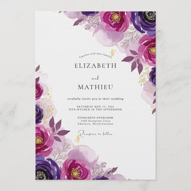 Convite Casamento Romance Floral Magenta (Frente)