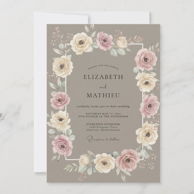 Convite Casamento Romance Floral Malva (Frente)