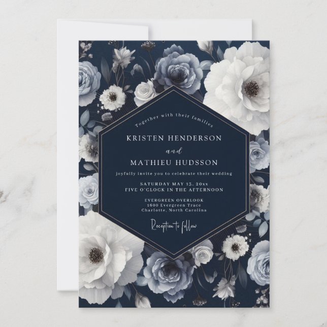 Convite Casamento Romance Floral Marinho (Frente)