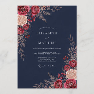 Convite Casamento Romance Floral Marinho