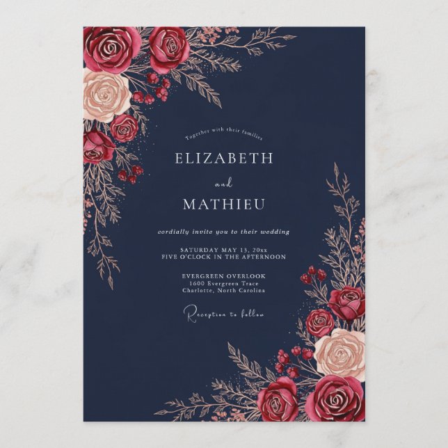 Convite Casamento Romance Floral Marinho (Frente)