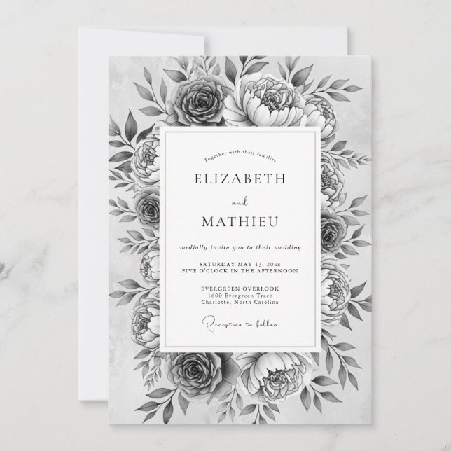 Convite Casamento Romance Floral Monocromático (Frente)