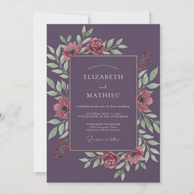 Convite Casamento Romance Floral Opulento Ameixa (Frente)