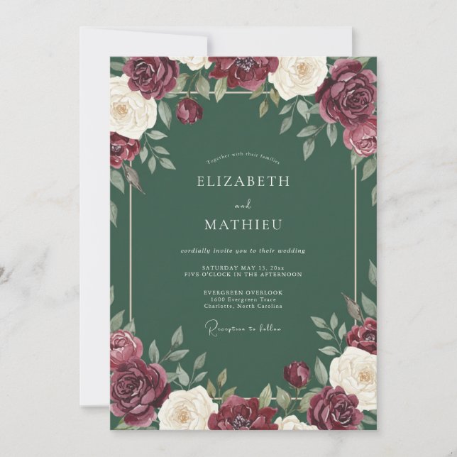 Convite Casamento Romance Floral Opulento Borgonha (Frente)