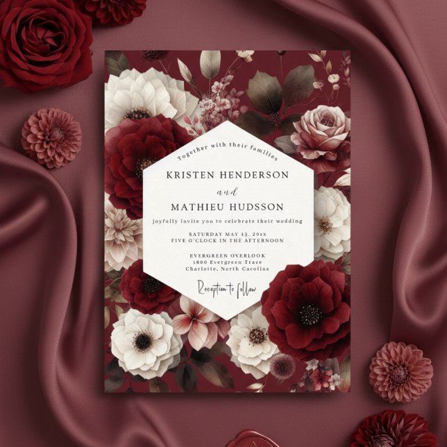 Convite Casamento Romance Floral Opulento Borgonha (Criador carregado)