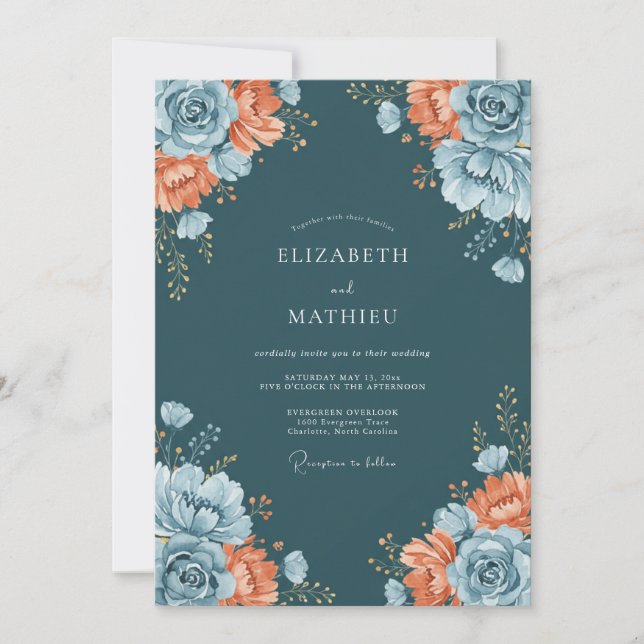 Convite Casamento Romance Floral Opulento Verde-Azul (Frente)