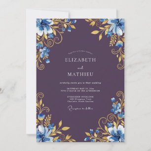 Convite Casamento Romance Floral Ouro Azul