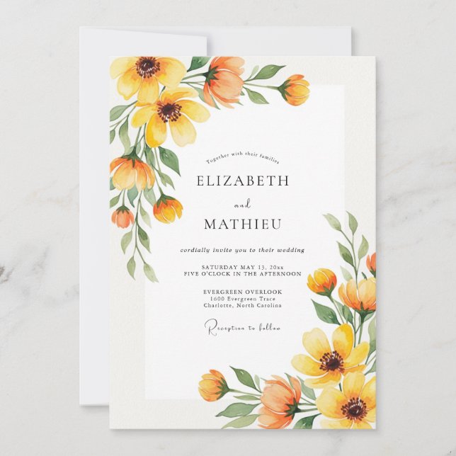 Convite Casamento Romance Floral Outono Amarelo (Frente)