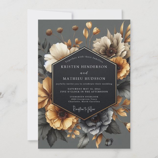 Convite Casamento Romance Floral Outono Cinza (Frente)