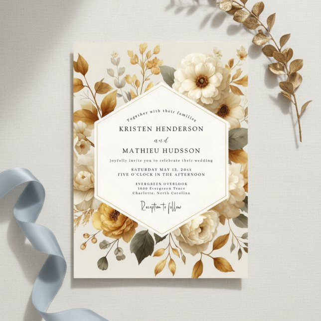 Convite Casamento Romance Floral Outono Creme (Criador carregado)