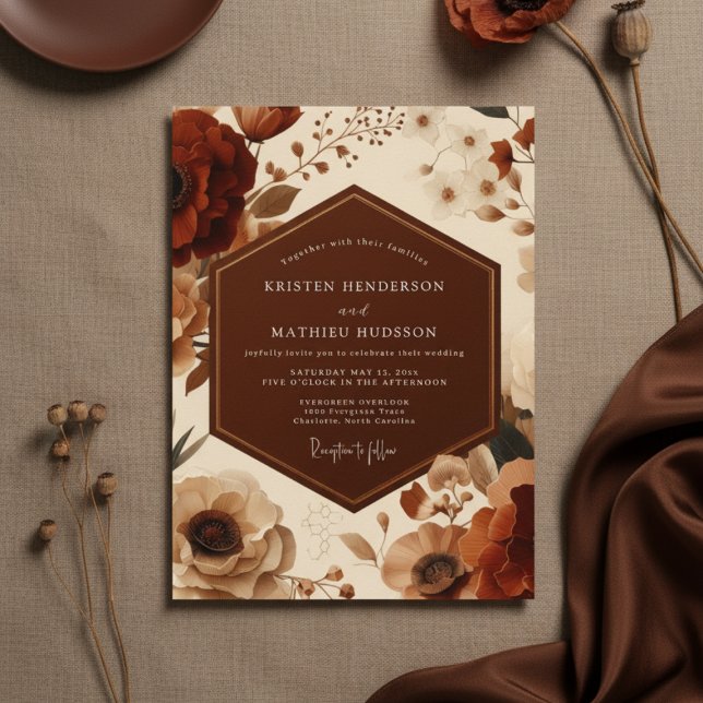 Convite Casamento Romance Floral Outono Ferrugem (Criador carregado)