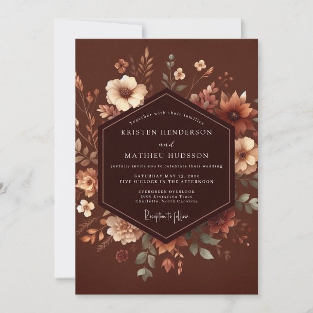 Convite Casamento Romance Floral Outono Marrom (Frente)