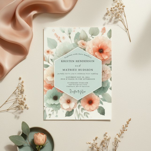 Convite Casamento Romance Floral Pêssego (Criador carregado)