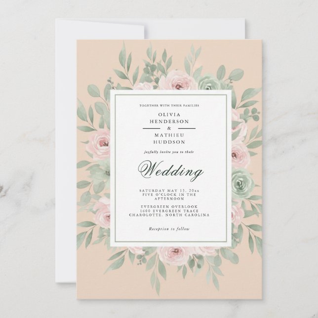 Convite Casamento Romance Floral Pêssego (Frente)