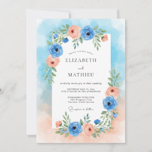 Convite Casamento Romance Floral Pêssego Azul