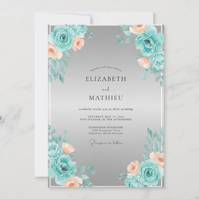Convite Casamento Romance Floral Pêssego Azul (Frente)