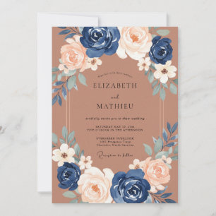 Convite Casamento Romance Floral Pêssego Azul-Marinho