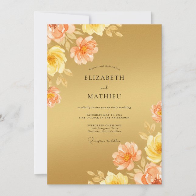 Convite Casamento Romance Floral Pêssego Dourado (Frente)