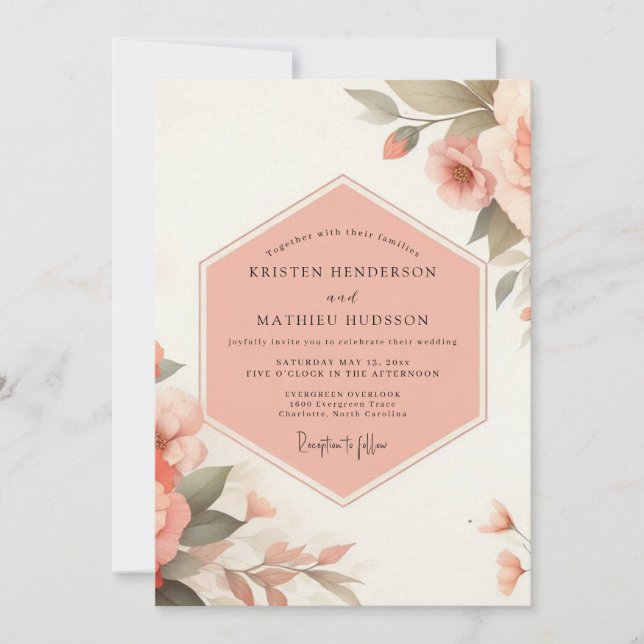 Convite Casamento Romance Floral Pêssego Pálido (Frente)