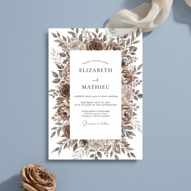 Convite Casamento Romance Floral Pincelada Marrom (Criador carregado)