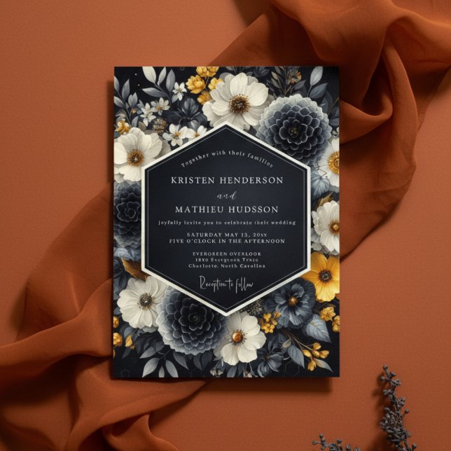 Convite Casamento Romance Floral Preto (Criador carregado)