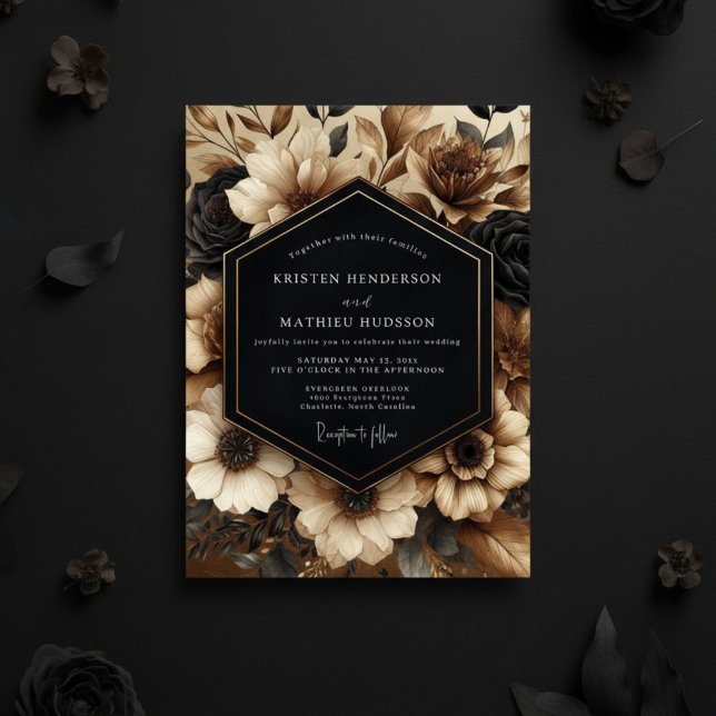Convite Casamento Romance Floral Preto (Criador carregado)
