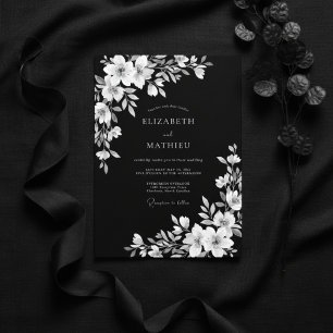 Convite Casamento Romance Floral Preto Branco