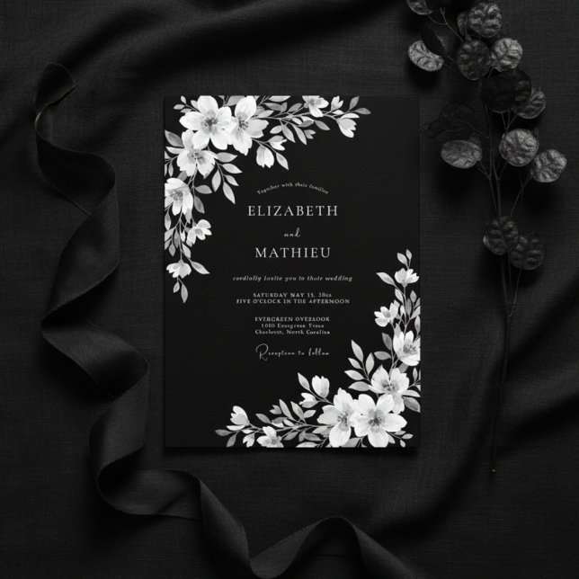 Convite Casamento Romance Floral Preto Branco (Criador carregado)