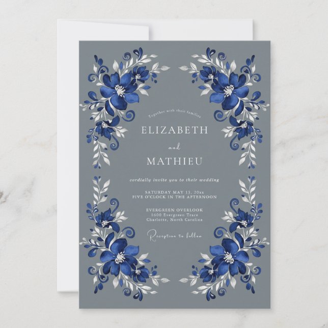 Convite Casamento Romance Floral Rico Azul (Frente)