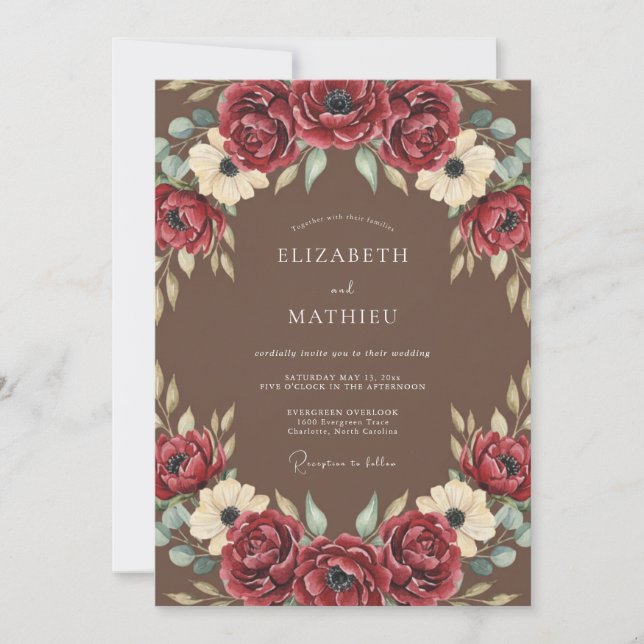 Convite Casamento Romance Floral Rico Borgonha (Frente)