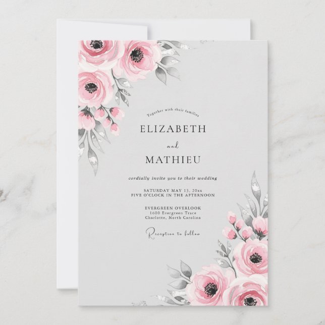 Convite Casamento Romance Floral Rosa (Frente)