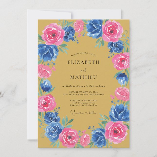 Convite Casamento Romance Floral Rosa Azul (Frente)