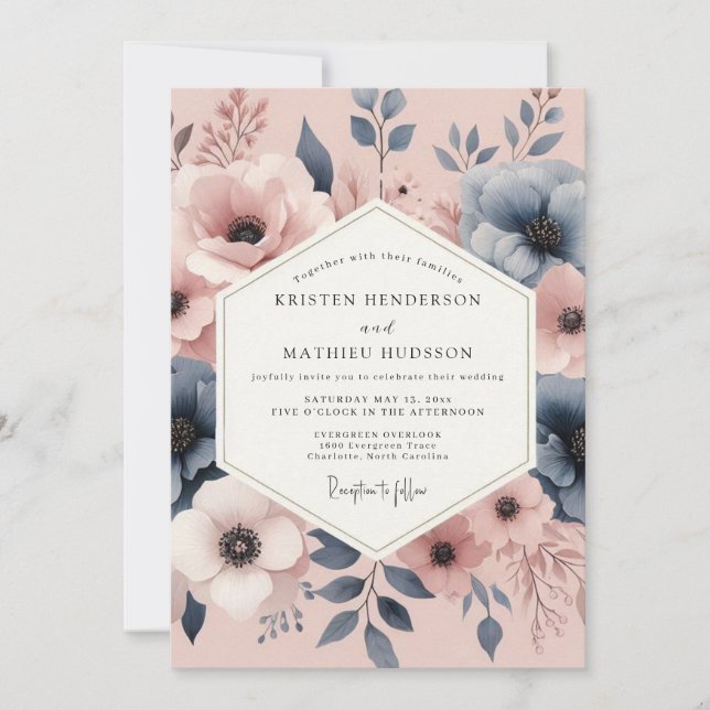 Convite Casamento Romance Floral Rosa Bege (Frente)