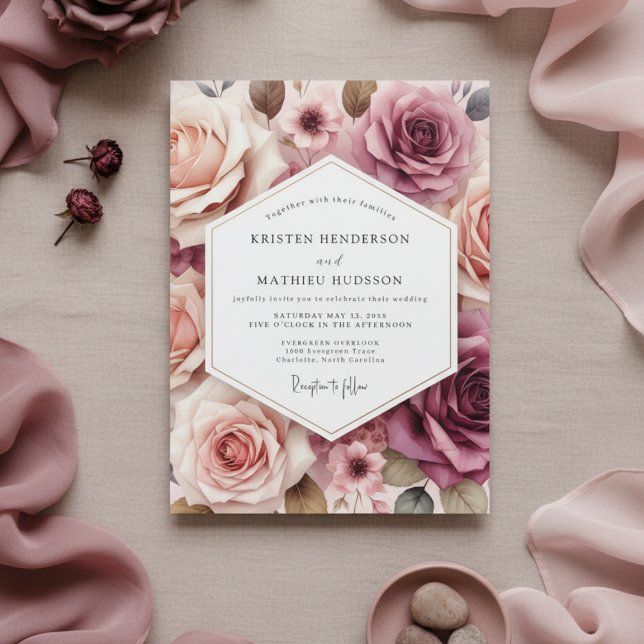 Convite Casamento Romance Floral Rosa Empoeirada (Criador carregado)